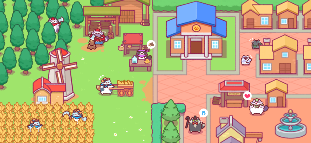 Cat Town Valley: Healing Farm - Adorable cats farming crops and exploring a cozy town in Cat Town Valley.