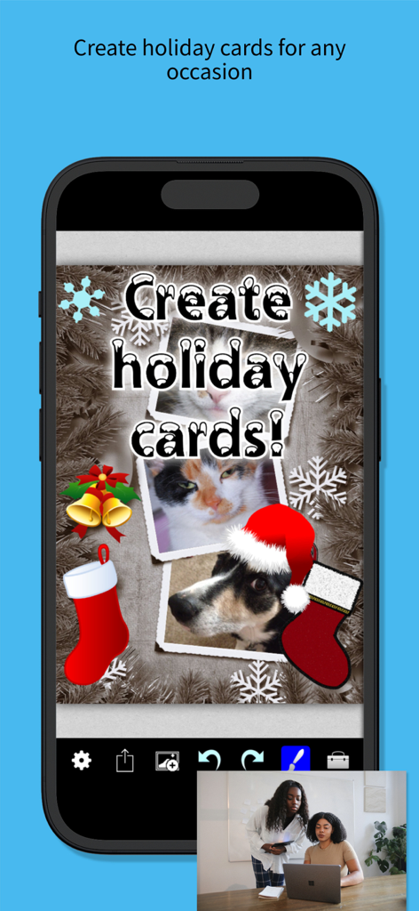 Un collage di cartoline di Natale con foto di animali domestici e adesivi natalizi creati nell'app You Doodle Pro.