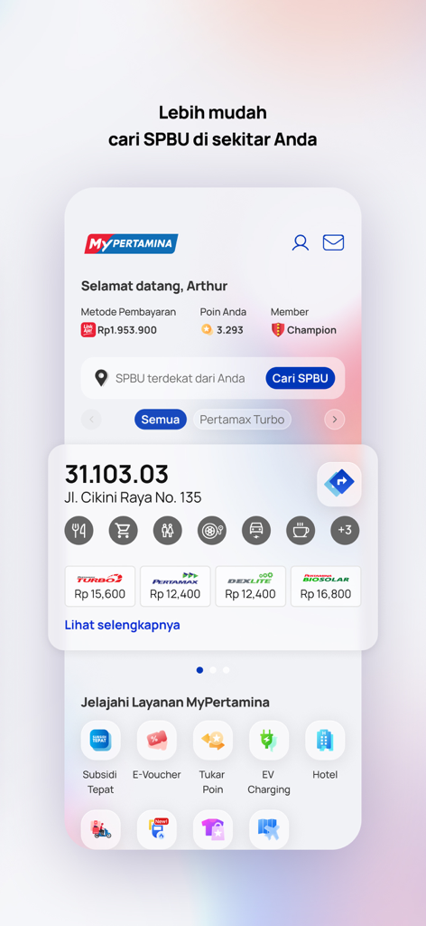 MyPertamina - MyPertamina app dashboard showing gas station search fuel prices and loyalty points