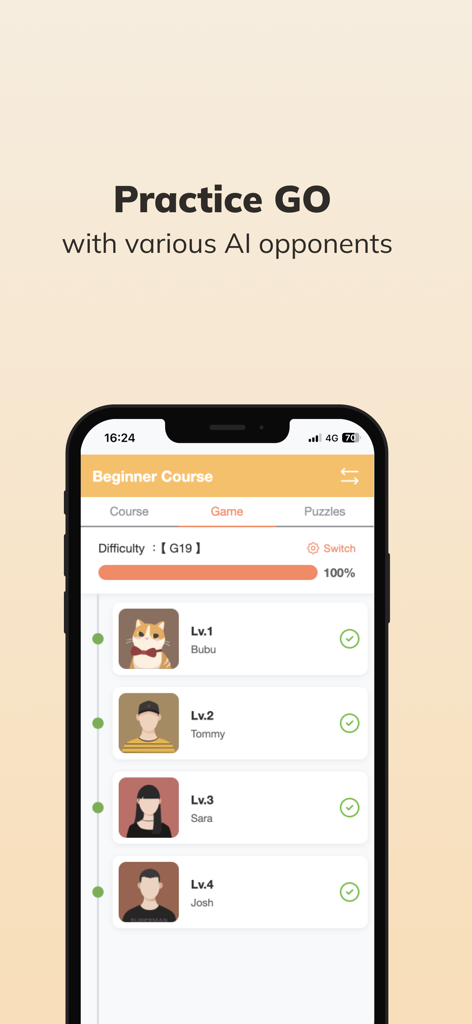 HJJ GO - One-stop Learning App - HJJ GO app screen showing beginner course levels with different AI opponents for practice