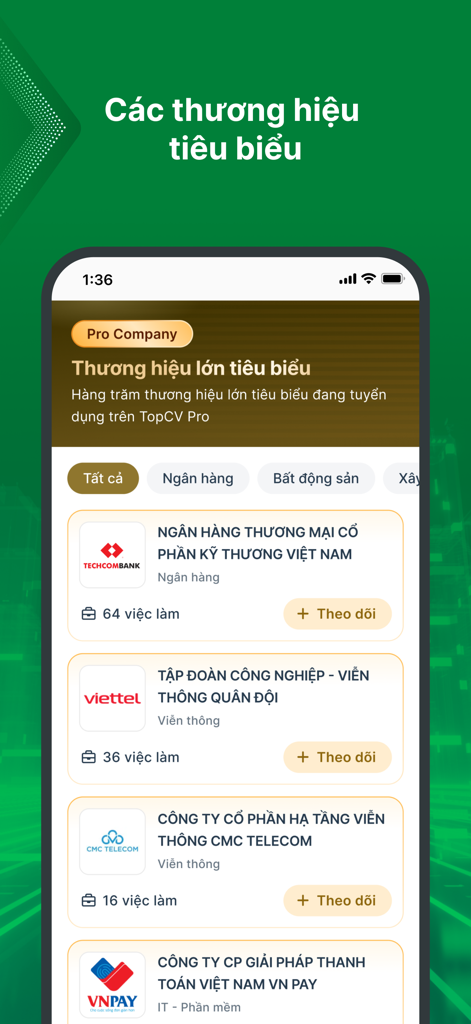 TopCV - Tìm Việc làm phù hợp - TopCV app interface displaying a list of prominent Vietnamese companies with available job postings