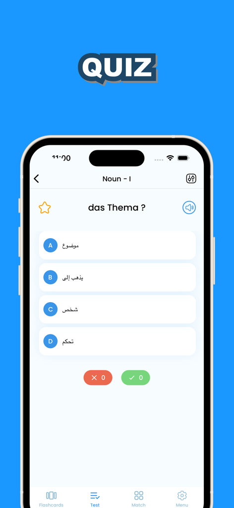 Learn Arabic & German - A smartphone screen showing a German to Arabic vocabulary test with multiple choice options