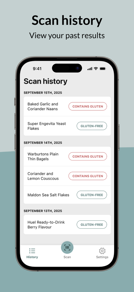 iPhone screen displaying the scan history of food products with labels indicating if they are gluten free or contain gluten.
