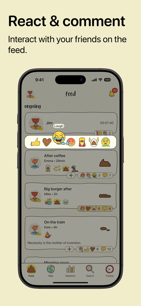 Social feed interface of the Poopie app showing friends bathroom logs and a selection of custom emoji reactions