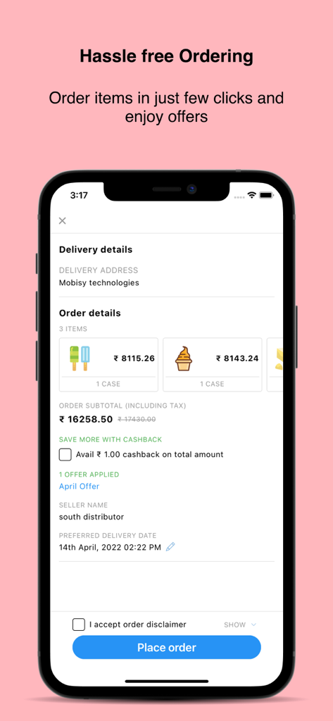 Bizom one (Distiman) - Order checkout screen in the Bizom one app for business inventory management