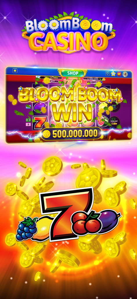 Bloom Boom Casino Online Slots - Anuncio de gran ganancia de Bloom Boom Casino mostrando quinientos millones de monedas con símbolos clásicos de tragamonedas de frutas y monedas de oro cayendo