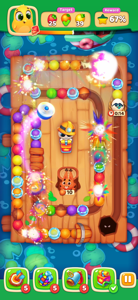 Bunny Boom - A marble shooter level in Bunny Boom with colorful berries and a rabbit character.