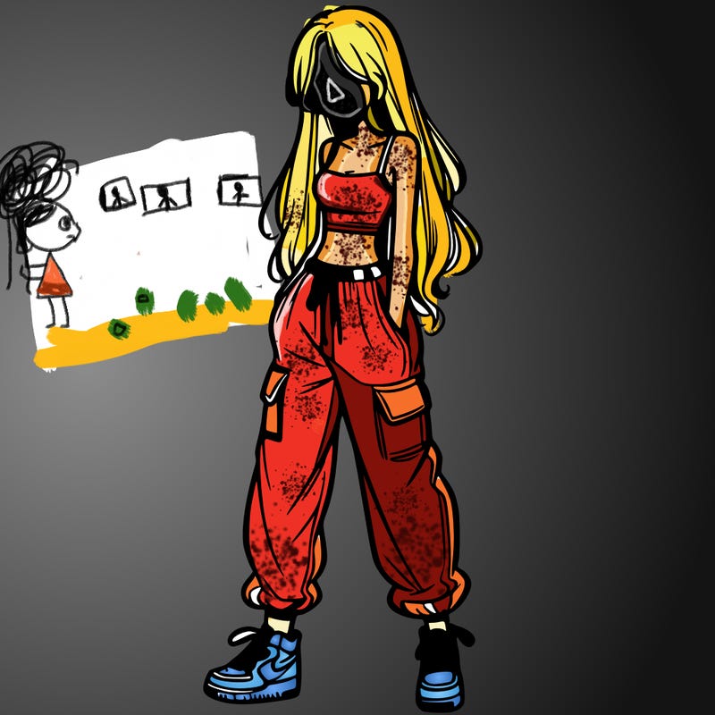 girl in baggy pants crop top and long hair