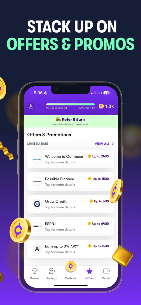 Copper app interface showing a list of offers and promotions from brands like Coinbase and ESPN to earn reward credits.