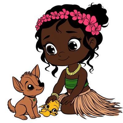 a litte hawain girl with a small animal by her side realistic