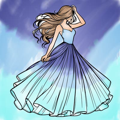 realistic woman with dress flowing in the wind