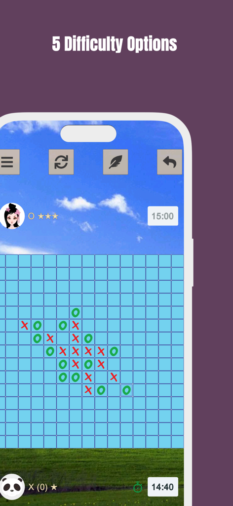 > Tic Tac Toe - Mobile interface of Tic Tac Toe Five in a Row strategy game showing a fifteen by fifteen grid with X and O marks