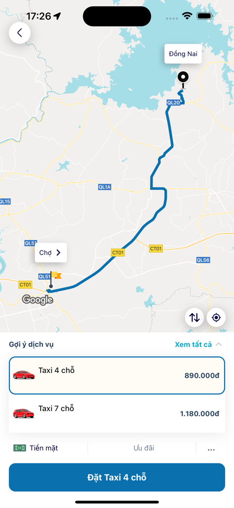 911 Taxi - 911 Taxi app screen showing a map route and vehicle selection options for 4-seater and 7-seater cars with prices