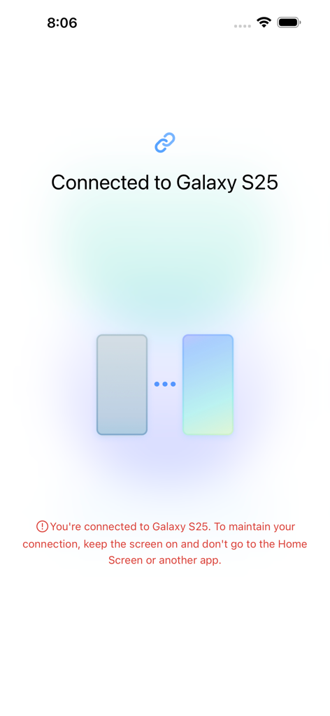 Samsung Smart Switch app screen showing a successful connection to a Galaxy S25 device for data transfer.