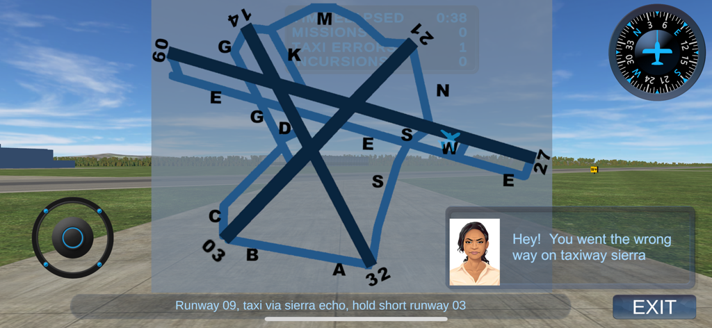 Taxiway Madness - In-game airport map with taxiway instructions and navigation error alert