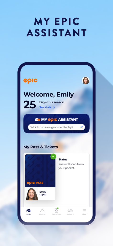 My Epic: Skiing & Snowboarding - My Epic app dashboard showing seasonal ski stats and mobile pass