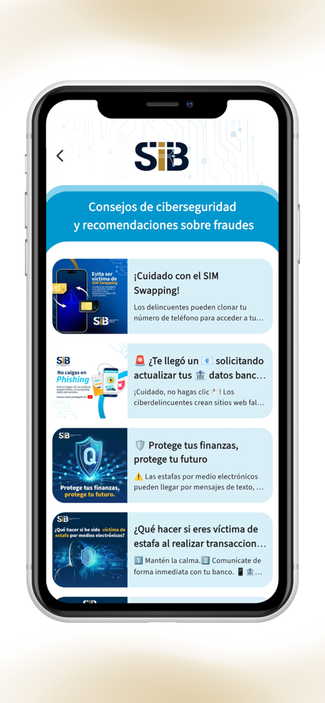 SIB Guatemala - Cybersecurity and fraud prevention tips screen on the SIB Guatemala mobile application