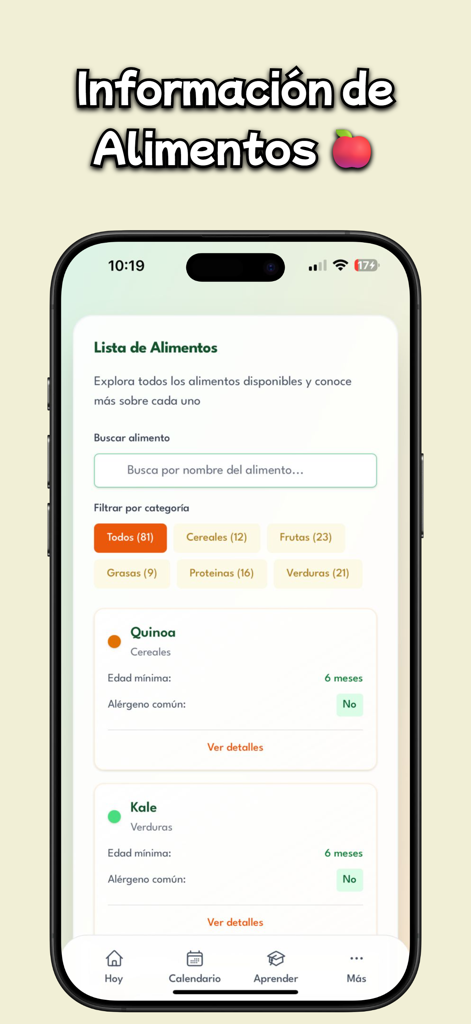 Alicia: Menús BLW Bebés - Alicia App-Oberfläche zeigt eine Datenbank mit Babynahrung, kategorisiert und mit Nährwertangaben für Quinoa und Grünkohl