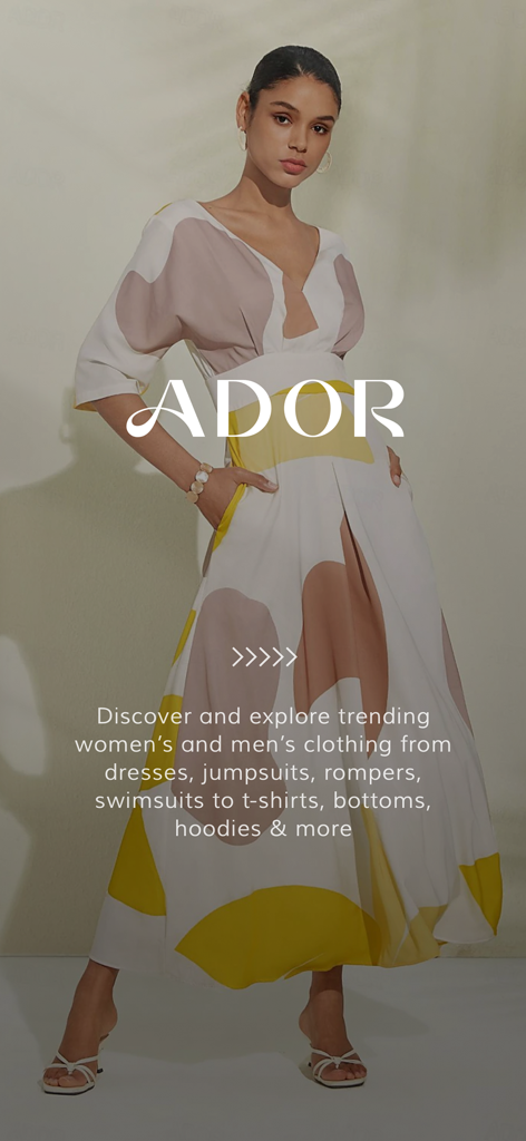 A fashion model wearing a patterned dress on the ADOR shopping app splash screen showcasing trending apparel