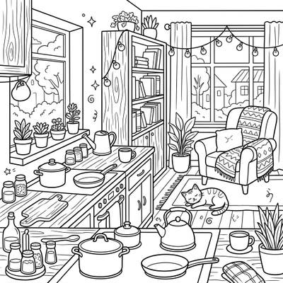 Step into a warm and inviting digital landscape with this charming coloring page, perfect for young artists. Kids aged 4-8 will love bringing this cozy kitchen and living area, complete with a sleepy cat, to life with their favorite colors.