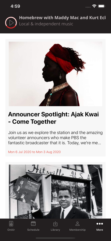 PBS FM - News feed in the PBS FM app featuring announcer spotlights and music community updates.