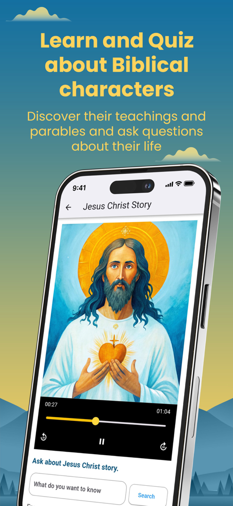 Smartphone screen of Faith Daily Growth app displaying a profile of Jesus Christ with an audio player and AI chat interface to learn about biblical stories.