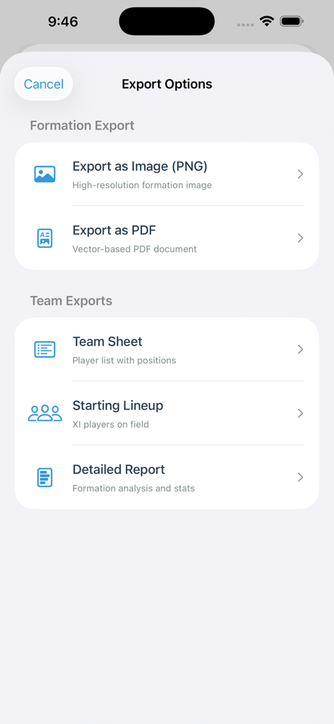 Cricket Fielding - Una pantalla que muestra las opciones de exportación para formaciones de campo de cricket y alineaciones de equipo en la aplicación Cricket Fielding.
