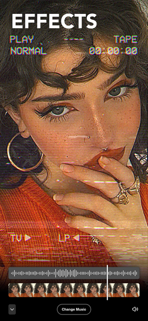 A screenshot of the Filto app interface displaying a vintage VHS video filter and music editing tools on a portrait video.