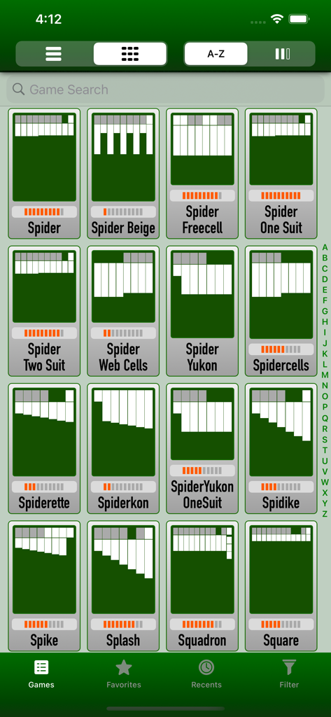 700 Solitaire Games Collection - A grid menu displaying various Spider solitaire game variations in the app library