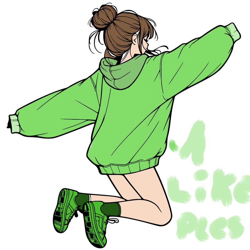 realistic girl jumping with a bun and oversized sweatshirt