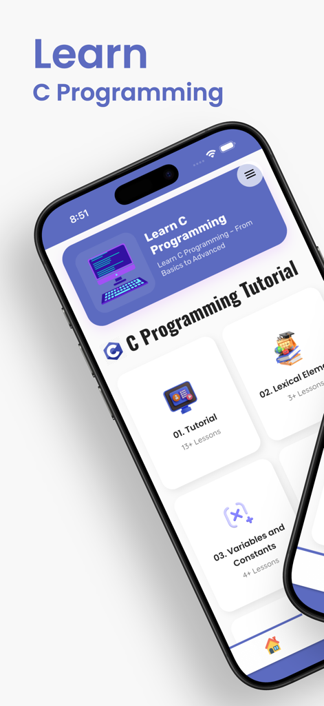 Learn C Programming - Guide - Interfaz de la aplicación Aprende Programación C que muestra lecciones de codificación para principiantes