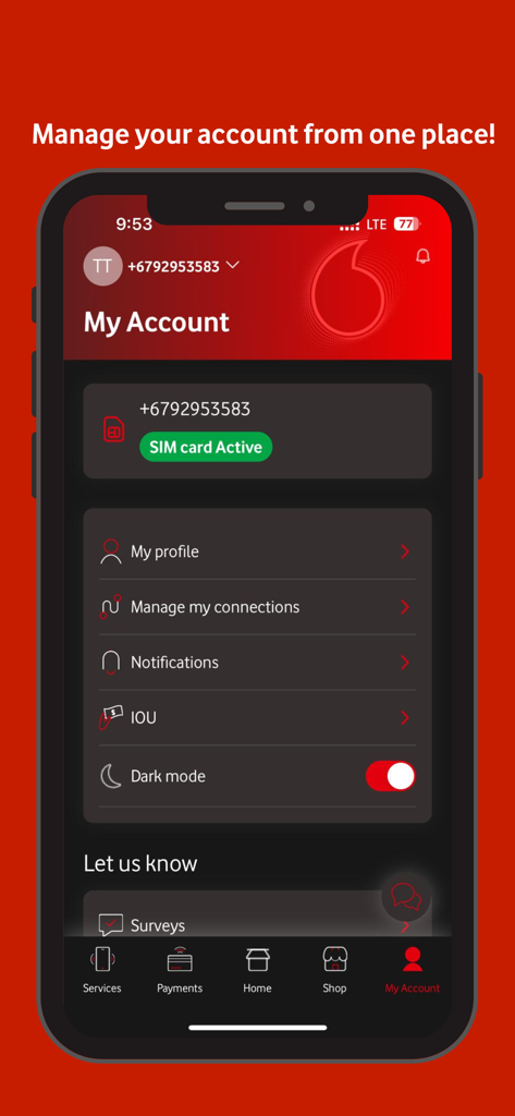 My Vodafone Fiji app interface showing the My Account section with active SIM status and menu options