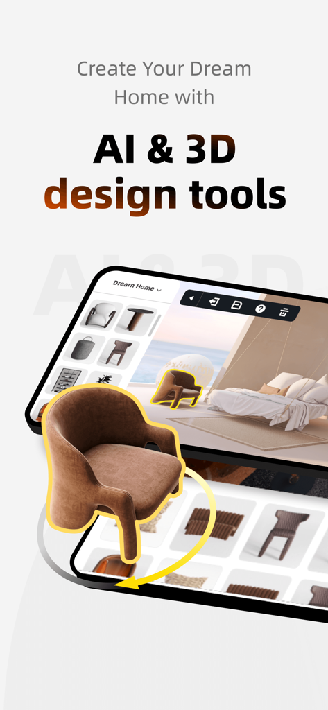 Interfaccia dell'app Homestyler che mostra strumenti di progettazione di case 3D e IA per l'arredamento d'interni