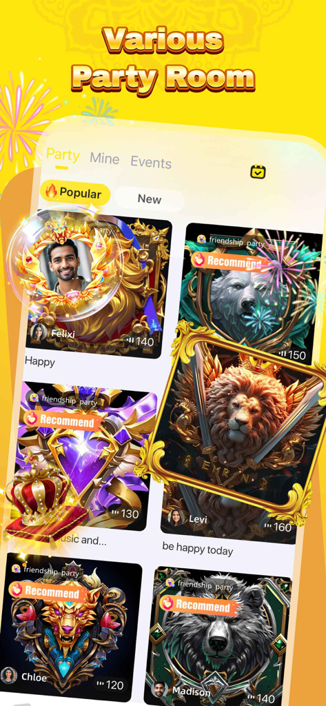 Waki Star-Group Voice Chat - A screenshot of the Waki Star app showing various themed voice chat party rooms with decorative frames and member counts