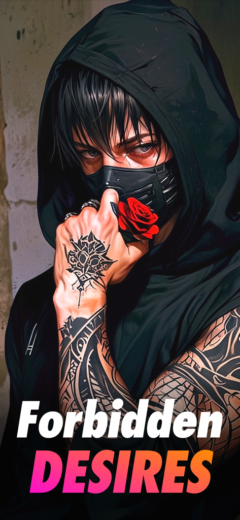 Jupi Novels & Booktok - Ein dunkler und mysteriöser tätowierter Mann hält eine rote Rose unter dem Text Forbidden Desires