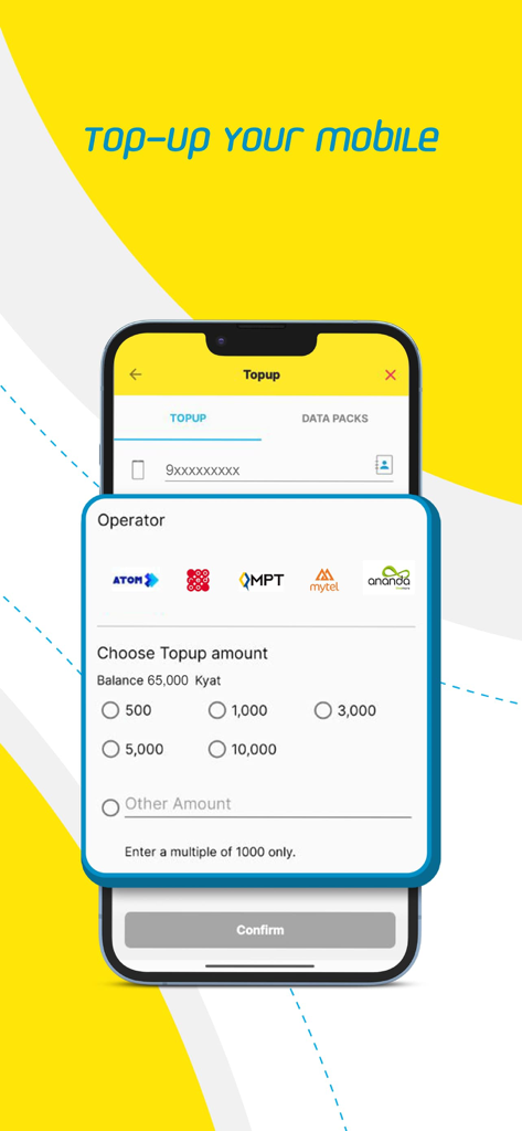 WavePay-App-Bildschirm, der Optionen zum Aufladen eines Mobiltelefons mit myanmarischen Betreibern wie ATOM, MPT und Mytel zeigt
