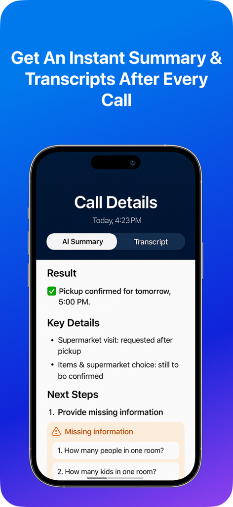 Interface de l'application AI Call montrant un résumé et une transcription automatisés d'une conversation téléphonique avec les détails clés et les prochaines étapes