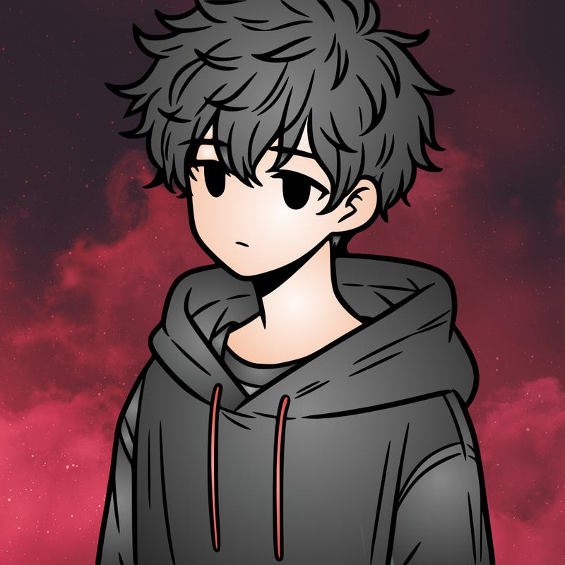 a teenage boy with messy and fluffy hair and a oversized hoodie on