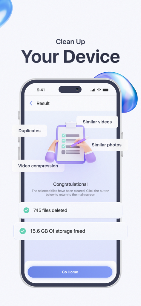 Smartphone screen showing cleanup results with 15.6 GB of storage freed and 745 files deleted
