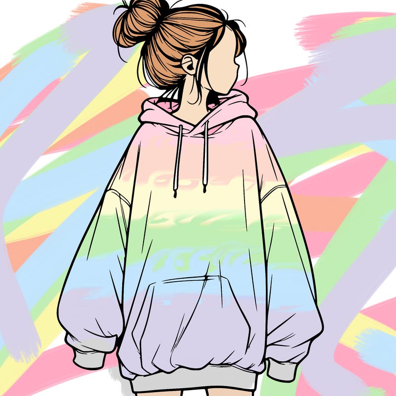 realistic girl with a oversized sweatshirt on and a bun