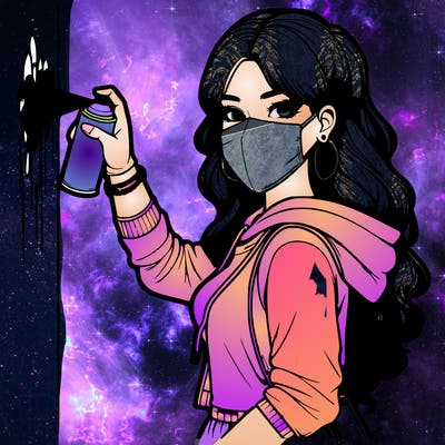 realistic girl with mask spray painting a wall