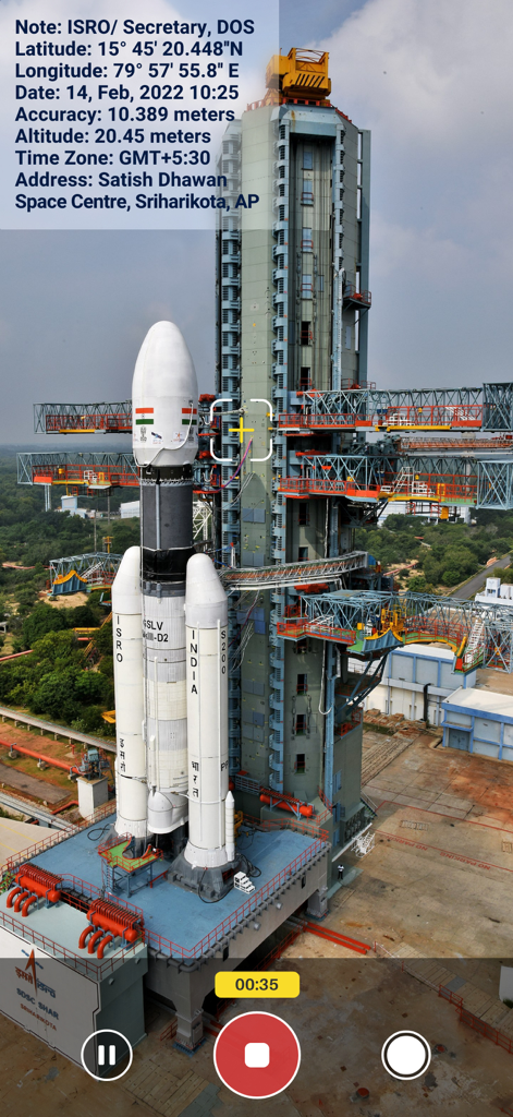 Video recording interface with GPS location and timestamp overlay on a rocket launch site