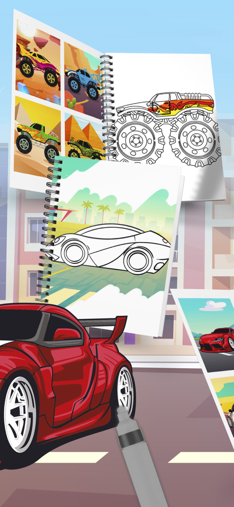Cars Coloring Book and Pages - Digital coloring book showing various car and truck drawings for children