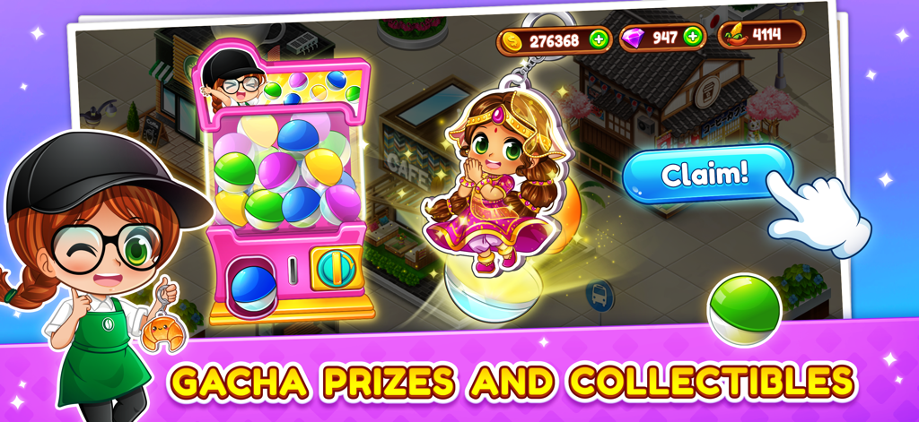 Eine Gacha-Maschine und ein Sammlerstück-Charakterpreis im Kochspiel Cafe Panic.