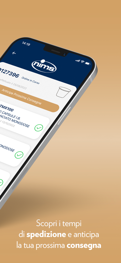 My Nims - Smartphone che mostra il tracciamento degli ordini e la gestione delle consegne nell'app My Nims.