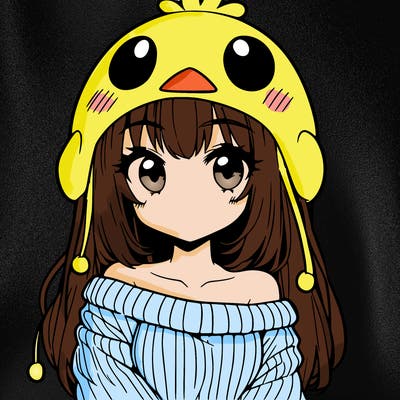 anime girl with chick shaped hat with sweater with bare shoulders with bangs covering them one eye with low tail