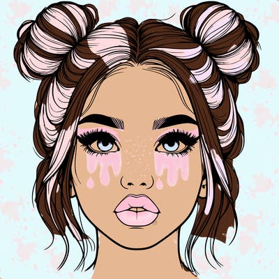 realistic girl with two buns on her hair and lips