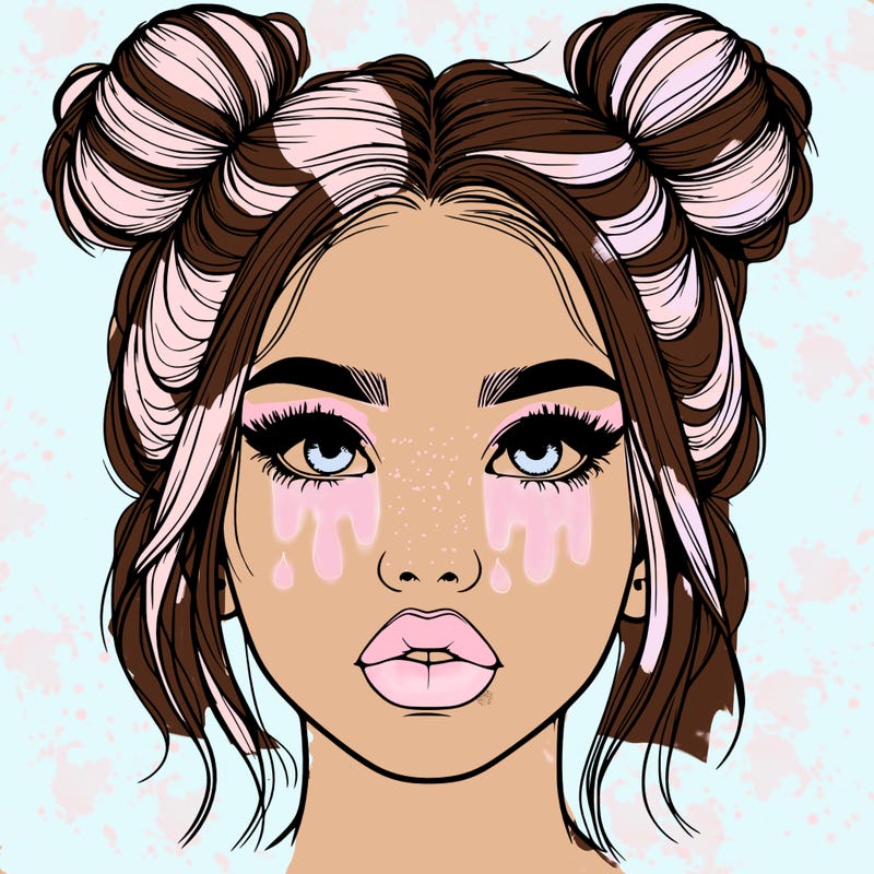 realistic girl with two buns on her hair and lips