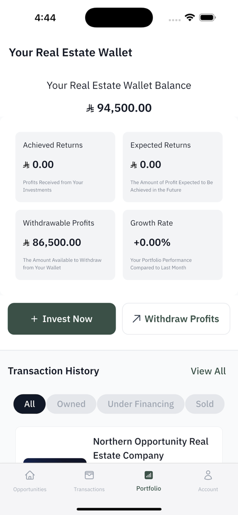 HissaTech - A screenshot of the HissaTech app's real estate wallet showing the total balance, achieved returns, withdrawable profits, and growth rate.
