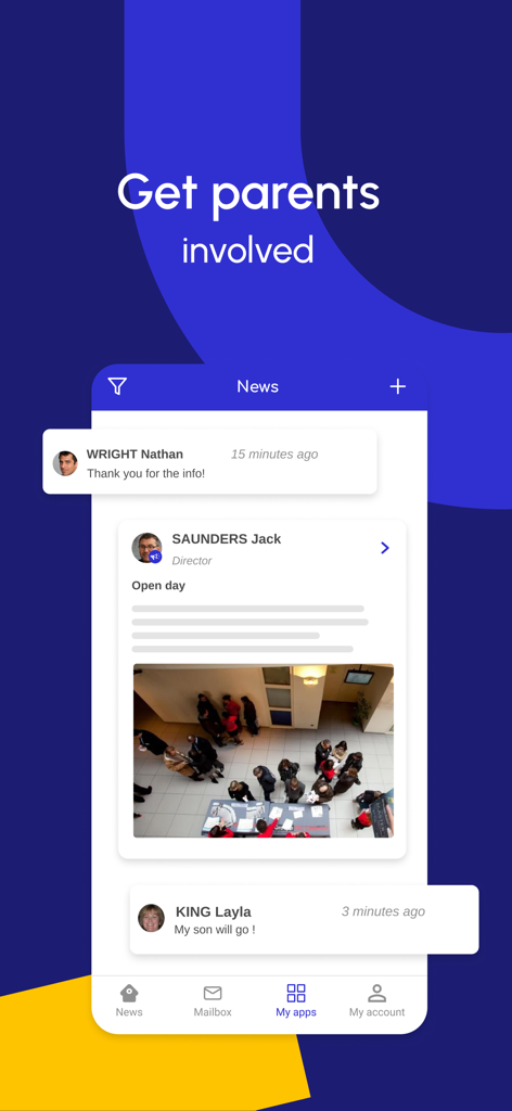 NEO Pocket - Interfaz del feed de noticias de la aplicación NEO Pocket mostrando actualizaciones escolares y participación de los padres